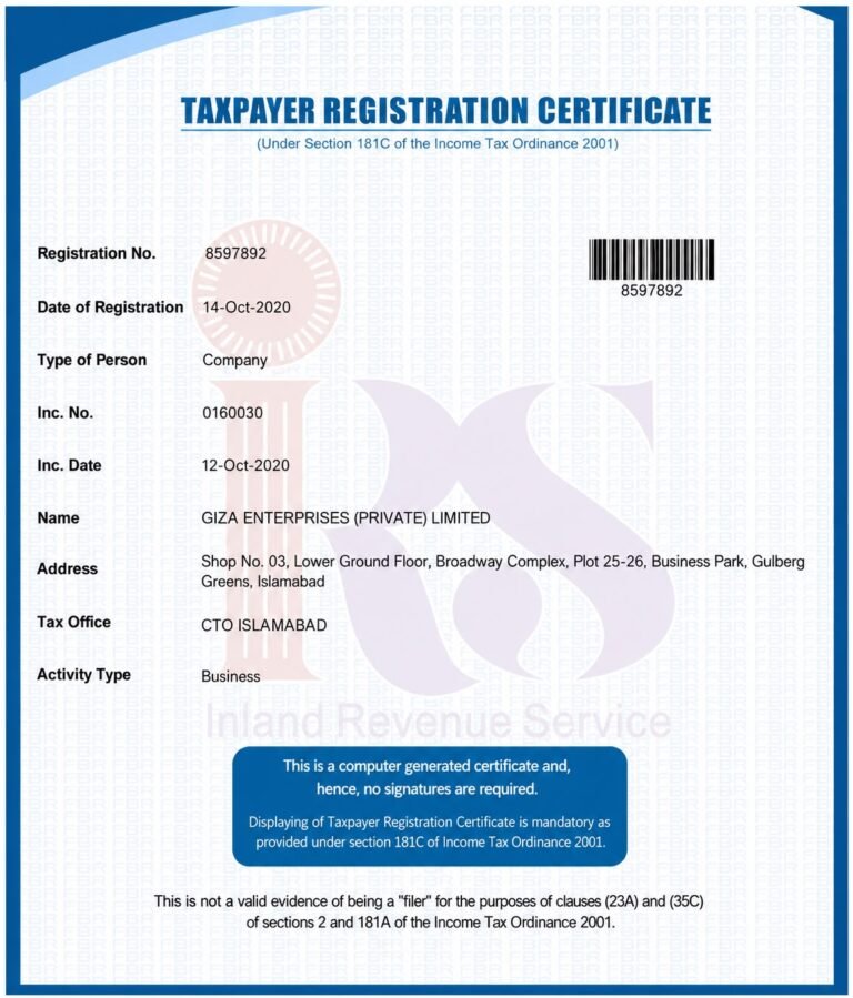 Tax Payer Certificate